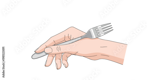 A human hand with soft pinkish skin tones holds a polished silver dining fork in a horizontal orientation across a minimalist and clean white background.