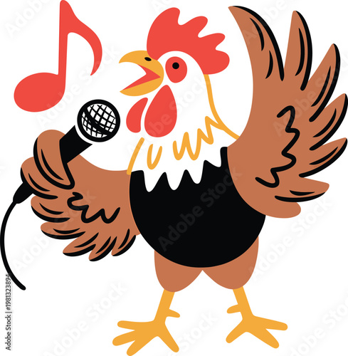 Cartoon rooster singing into a microphone with a musical note