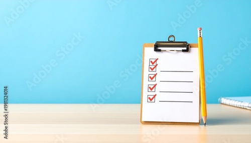 Studio Shot of a Brown Clipboard with a Checklist and Three Red Checkmarks Next to a Yellow Pencil on a Solid Light Blue Background