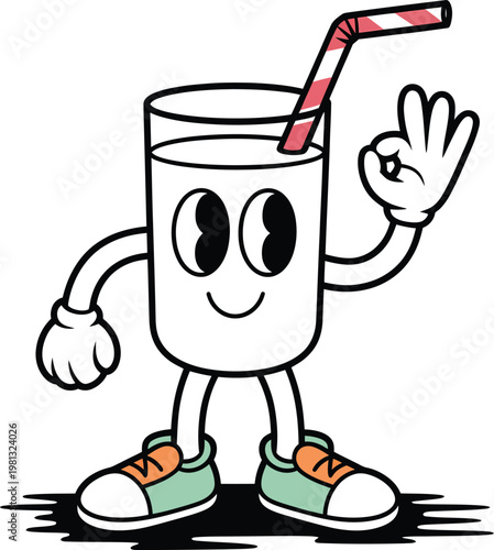 Cartoon glass of milk character with a straw making an okay hand gesture