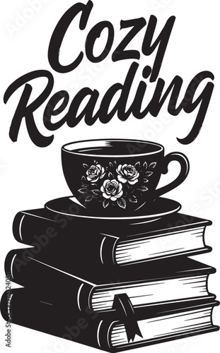 A black and white illustration featuring a stack of three books topped with a floral teacup Vector