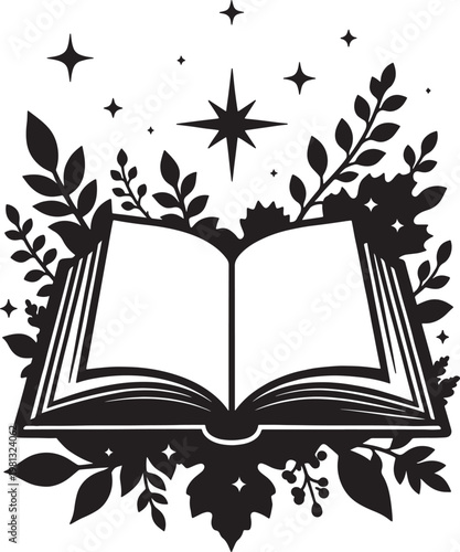 An open enchanted book surrounded by decorative botanical leaves and magical sparkling star icons Vector