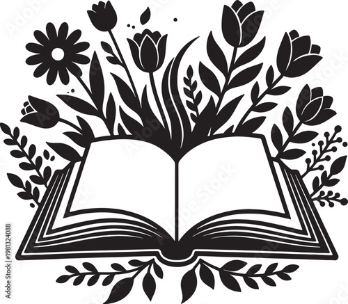 An artistic black and white illustration of an open book surrounded by beautiful spring flowers Vector