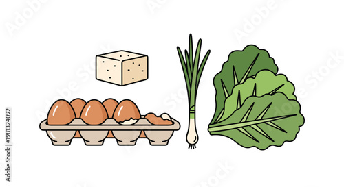 A nutritious selection of fresh ingredients including a carton of brown eggs, a block of tofu, a green onion, and vibrant leafy lettuce is displayed.