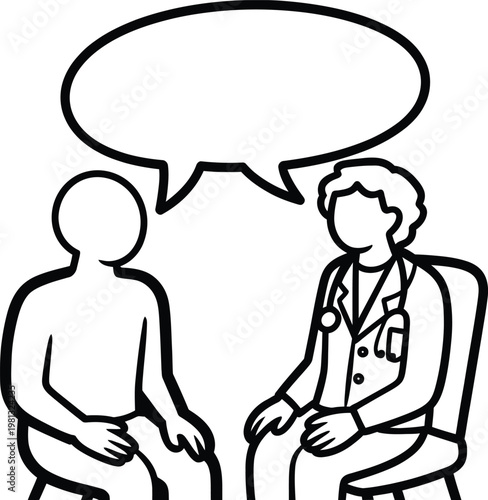 Doctor and patient talking in a medical consultation, line art illustration