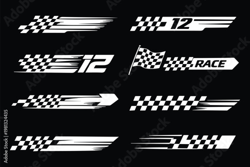Vector racing elements set: black-white checkered flags, finish banners, speed lines, racing text decals. Clean silhouettes on transparent background, fully scalable for branding, prints, UI. EPS 10. 
