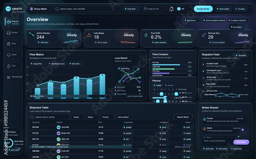 Fleet dispatch dashboard interface with route monitoring, shipment table, flow analytics, and logistics control panels
