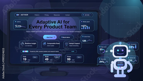 AI product dashboard interface on desktop monitor with chatbot robot assistant, analytics widgets, and futuristic dark UI