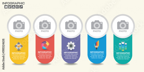 set of five infographic camera icons in flat design vector illustration