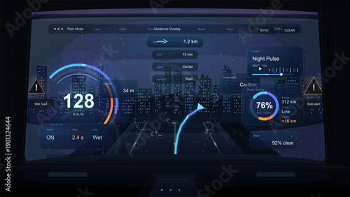 Futuristic automotive heads up display at night in rainy city traffic showing navigation guidance, battery status, speed, lane assist, hazard alerts, and route overlay