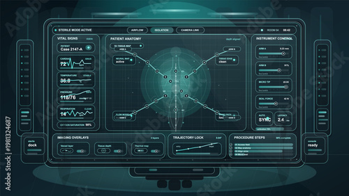 Futuristic surgical medical dashboard interface with patient anatomy map, vital signs monitor, and robotic controls