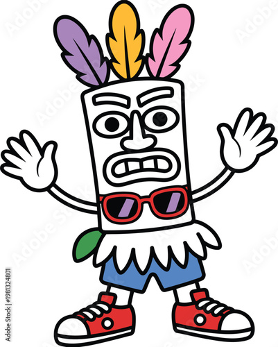 Cartoon tiki character wearing sunglasses and sneakers