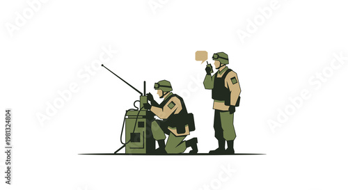 Two disciplined soldiers in desert camouflage uniforms operate a portable communication radio station during a tactical mission against a clean white backdrop.