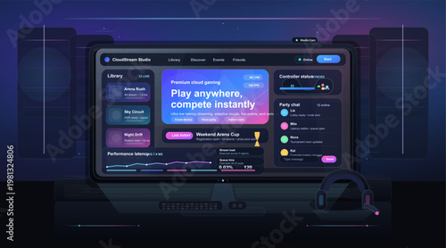 Futuristic cloud gaming dashboard interface on desktop monitor with live streaming stats, game library, controller status, party chat, and esports event panels