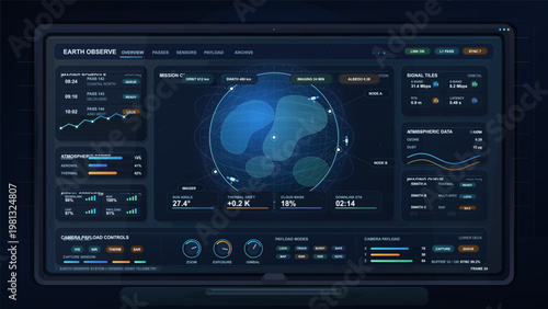 Futuristic earth observation mission control dashboard on a desktop monitor showing orbital passes, atmospheric data, signal telemetry, imaging queue, and payload controls