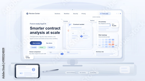 Legal AI contract analysis dashboard on desktop monitor with version comparison, risk heatmap, and review workflow