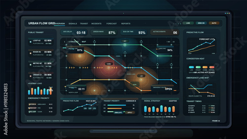 Futuristic urban traffic management dashboard interface with transit network map, congestion heat zones, predictive flow charts, emergency lane routing, and signal timing analytics