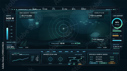 Underwater exploration HUD dashboard with sonar radar, marine life tracking, depth telemetry, and submersible UI