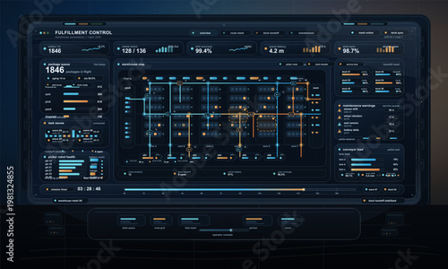 Futuristic warehouse fulfillment control dashboard with robotics fleet metrics, package flow map, dock handoff status, maintenance alerts, and logistics automation panels