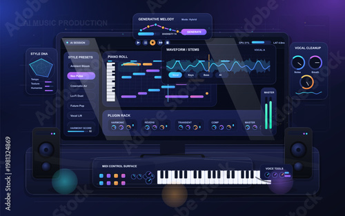 Futuristic AI music production dashboard with piano roll editor, waveform stems, vocal cleanup controls, plugin rack, MIDI keyboard, and neon audio studio interface