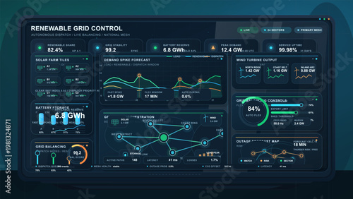 Futuristic renewable energy grid control dashboard with solar farm metrics, wind turbine output, battery storage, load forecasting, and power balancing panels
