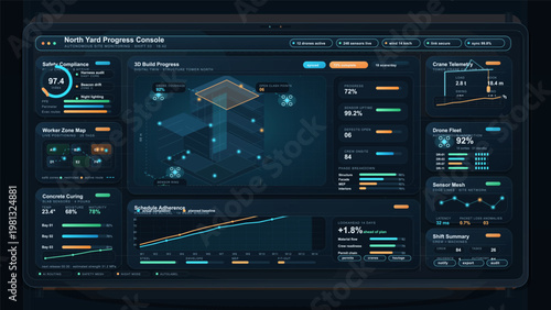 Futuristic construction site monitoring dashboard with 3D build progress, safety compliance, crane telemetry, drone fleet status, sensor mesh, and schedule analytics