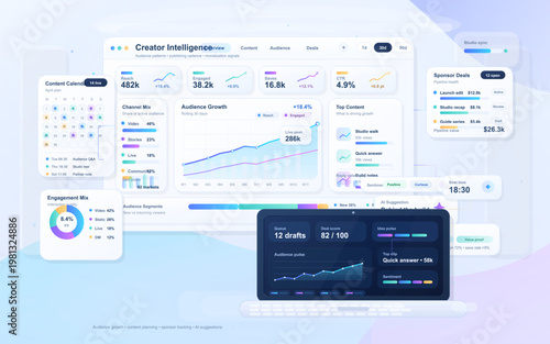 Creator analytics dashboard interface with audience growth, content calendar, sponsor deals, and monetization insights