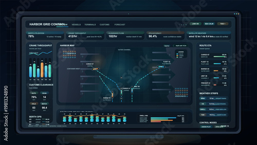 Futuristic smart port operations dashboard on a desktop monitor showing harbor map, vessel routing, berth utilization, crane throughput, customs clearance, weather, and route ETA