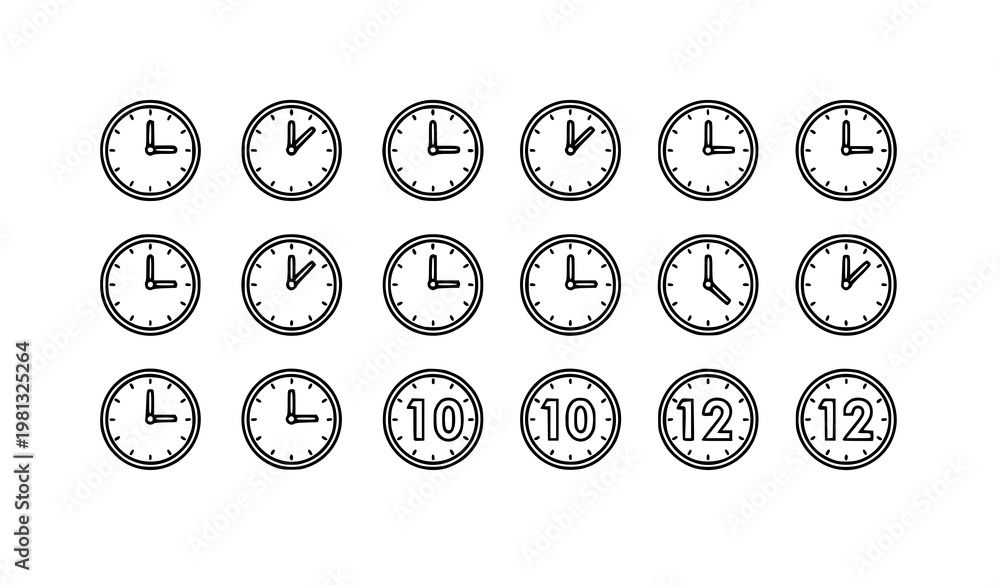 Fototapeta premium Collection of Simple Line Art Clock Icons Displaying Full Hour Cycle from 1 to 12