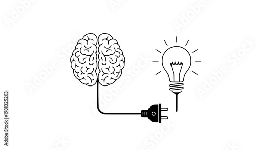 Creative Brain Connected to Light Bulb via Power Plug Representing Idea Activation and Mental Energy Flow