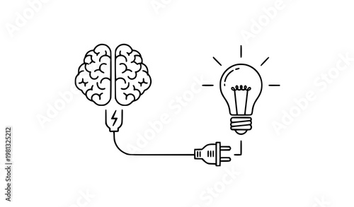 Human Brain Powering Light Bulb Through Electrical Connection Symbolizing Creativity and Problem Solving