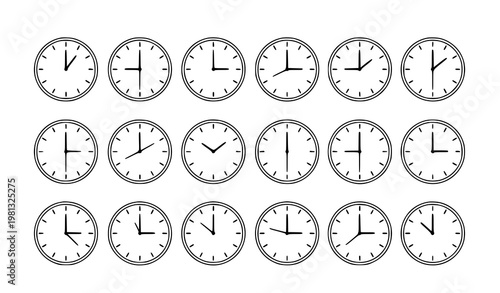 Flat Vector Set of Analog Clock Dials Showing Different Hour Times in Simple Minimal Style