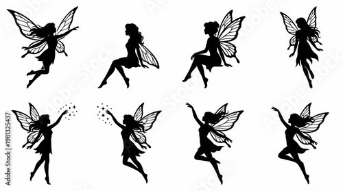 Fairy Silhouette Vector Set Magical Flying Poses in Clean Grid Layout