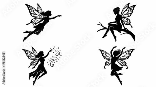 Fairy Silhouette Vector Set Magical Flying Poses in Clean Grid Layout