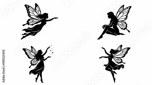 Fairy Silhouette Vector Set Magical Flying Poses in Clean Grid Layout