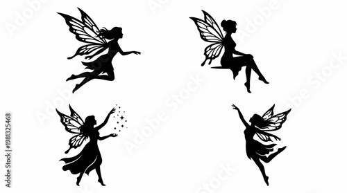 Fairy Silhouette Vector Set Magical Flying Poses in Clean Grid Layout