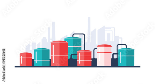 Colorful industrial storage tanks and processing units stand prominently against a soft grey urban skyline in this clean flat vector illustration design.