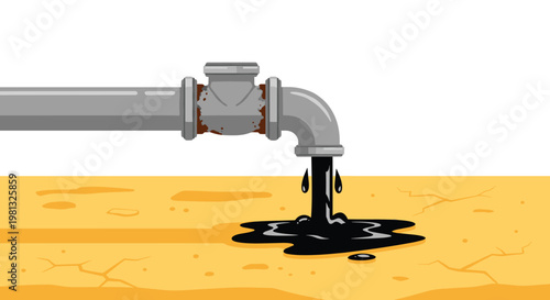 Thick black oil spills from a rusty grey metal pipe joint onto a parched and cracked yellow ground in this stark and detailed environmental illustration.