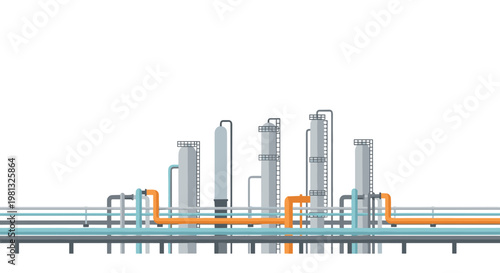 Tall grey industrial distillation towers are interconnected by a complex network of vibrant orange and blue horizontal pipes in this clean vector design.