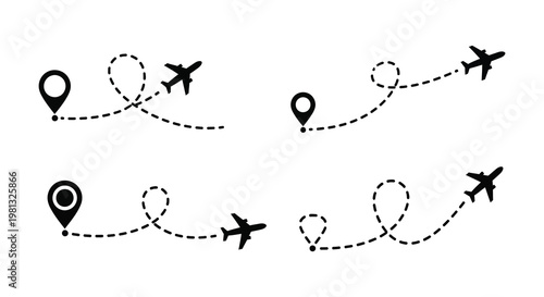 Flight paths with location markers depicted in a black silhouette