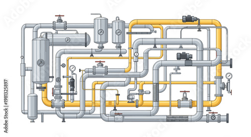 A complex industrial piping network featuring grey and yellow conduits with integrated valves and pressure gauges sits against a clean white backdrop.