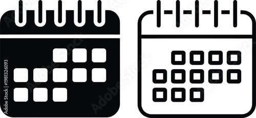 Calendar icon set, solid and outline style, vector illustration