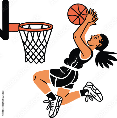 Vector illustration of a female basketball player performing a slam dunk