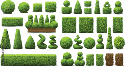 Set of Green Garden Hedge and Topiary Shapes Including Bushes, Trees, and Decorative Plants for Landscape and Nature Design Themes
