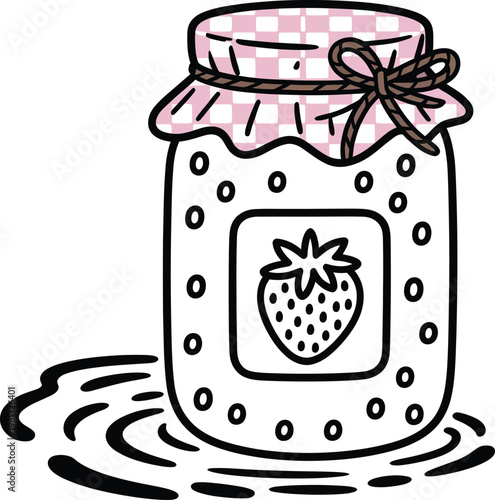 Cute hand drawn strawberry jam jar with checkered lid and bow