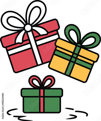 Three colorful gift boxes with ribbons