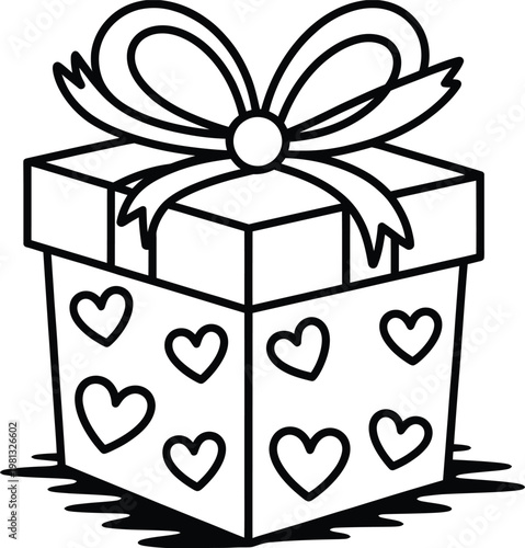 Gift box with hearts pattern and bow on top, black and white line art illustration