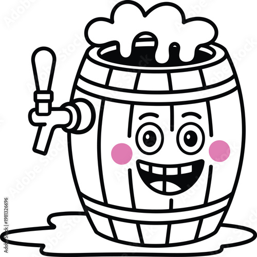 Cute cartoon beer barrel character with a happy face and foam