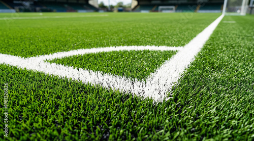 Close-up of an artificial green grass football field corner, showcasing white stripes and uniform maintenance.