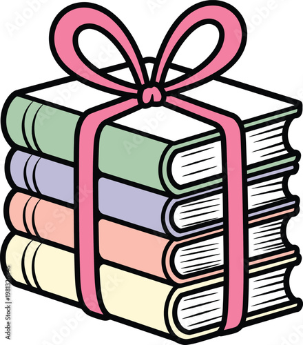 Stack of four colorful books tied with a pink ribbon bow as a gift